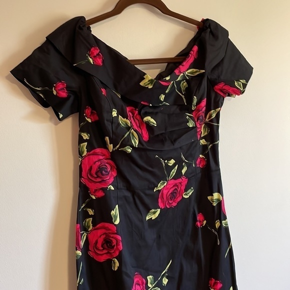 Romantic Pin Up Pencil Dress Med Black Cocktail Rose Fit Mid Belle Pogue Alt - Picture 2 of 15